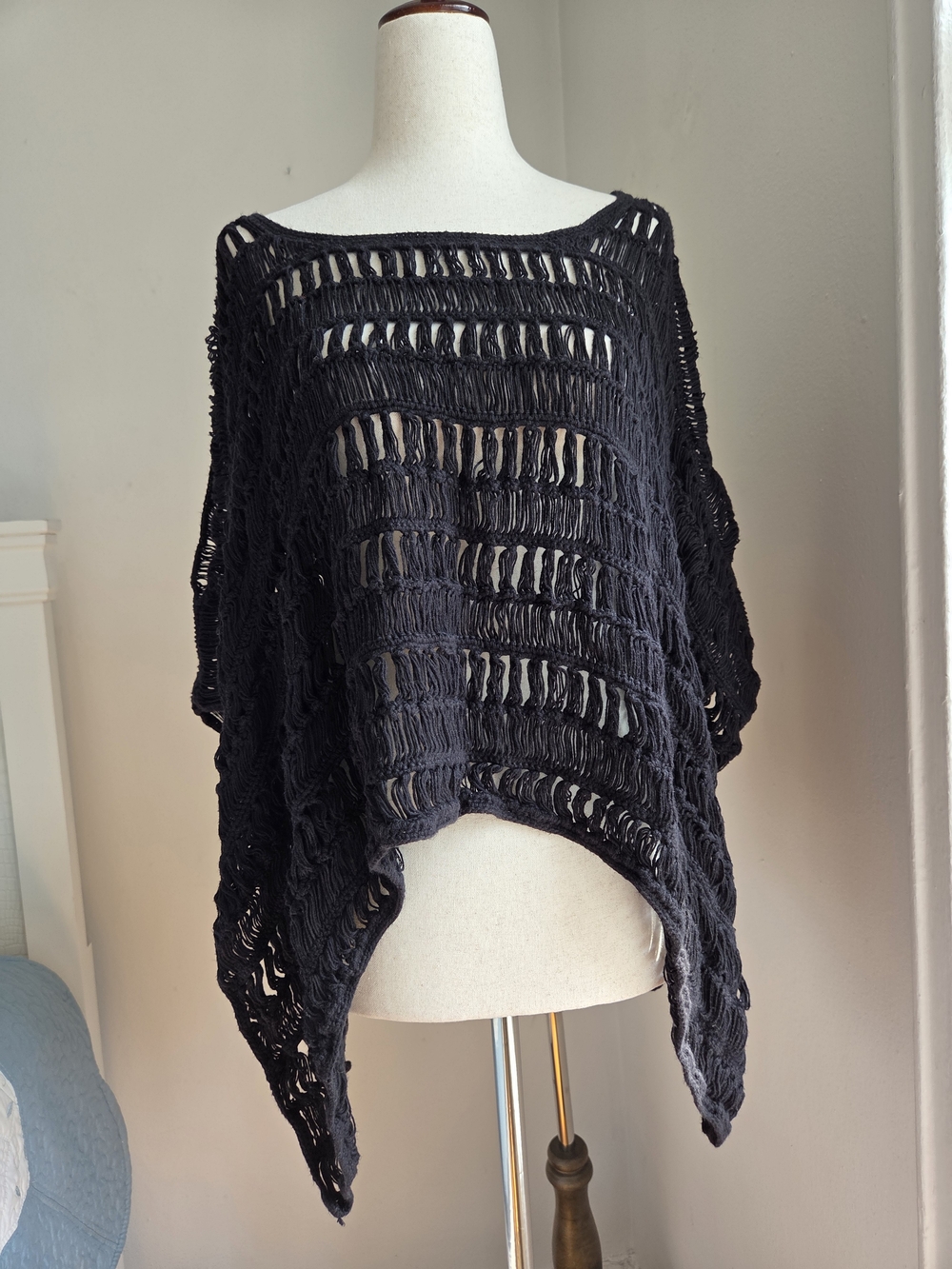Black Open-Knit Off-the-Shoulder Sweater Poncho